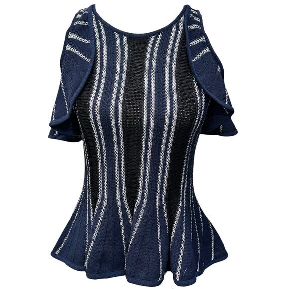 Jonathan Simkhai Navy Blue Striped Cold Shoulder Knit Crochet Peplum - Picture 2 of 8
